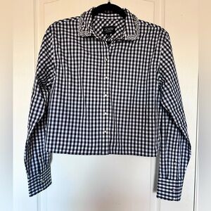 Black/white plaid boxy crop blouse, with rhinestone detail by JCcrew, size 2